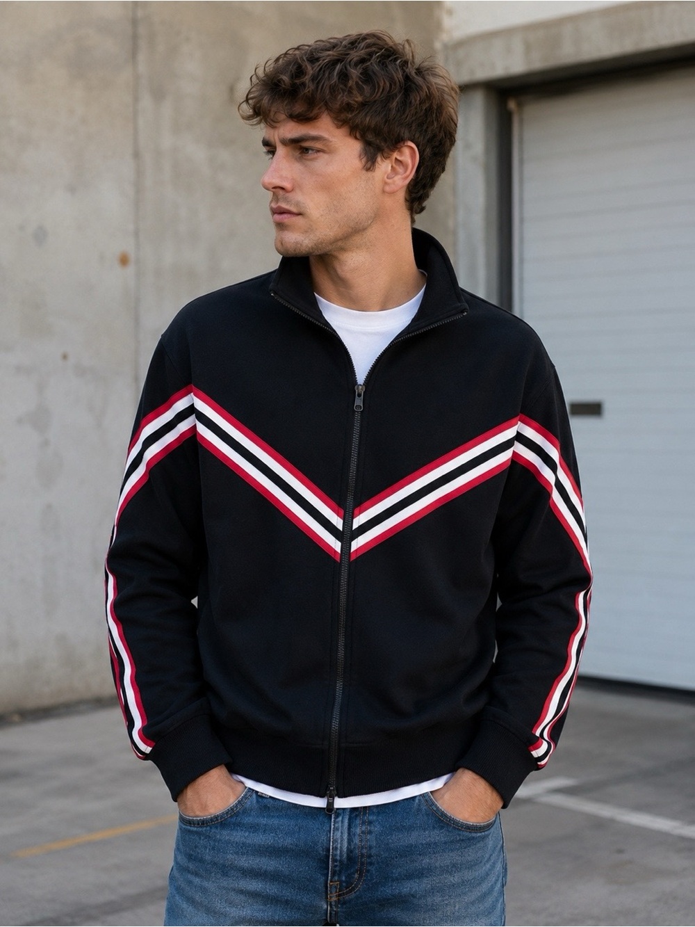 Vintage Dehen Jacket Medium Full Zip Black + Red White Racing Stripes Retro USA